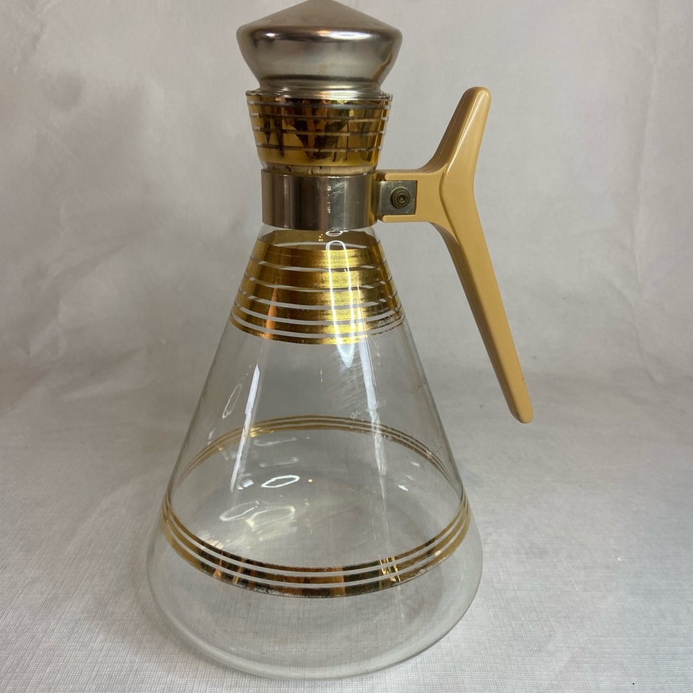 Pyrex Empress Glass Coffee Pot Carafe Gold Band Cork Top Atomic MCM Vintage